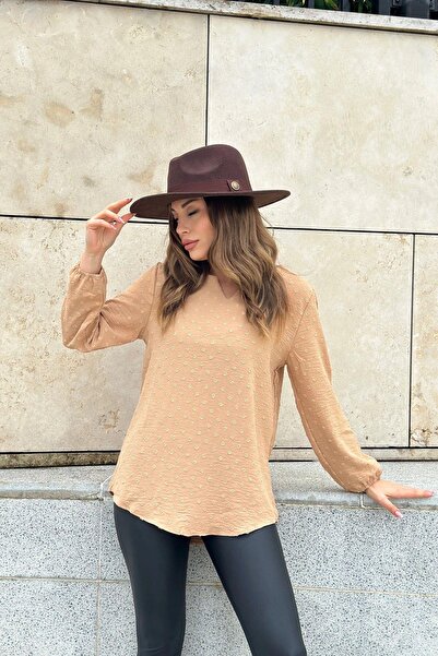 NEW LAVİVA Γυναικείο Camel μακρύ μανίκι τριών τετάρτων, γιακάς φιλιού, μπλούζα βασικής κοπής από ύφασμα Pompom - Κατάλληλο για Hijab