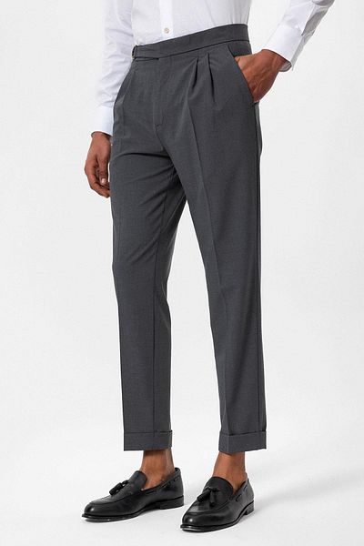 Antioch Gray High Waist Buckle Closure Pleated Men's Trousers