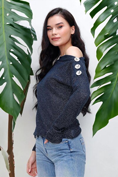 NEW LAVİVA Γυναικεία μπλούζα με κουμπιά στον ώμο με υφή ασημί λεπτή πλεκτή μπ...