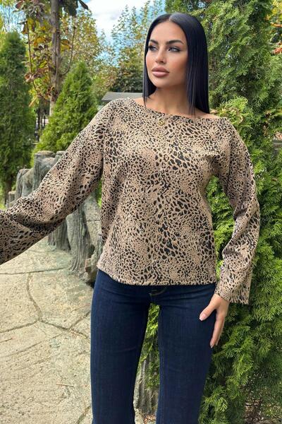 NEW LAVİVA Model leopard bej, guler lat, bluză lejeră tricotată