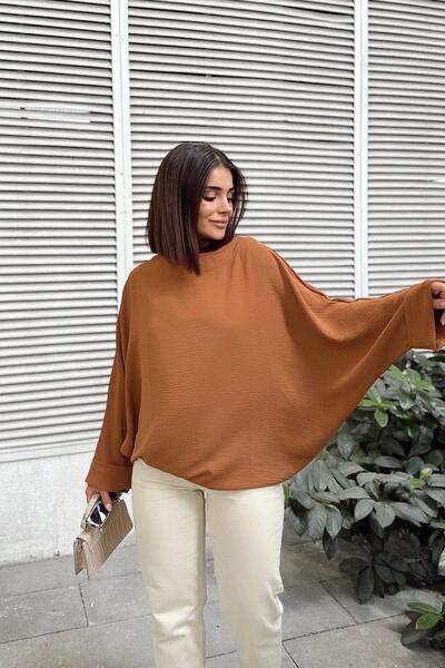 NEW LAVİVA Γυναικεία μαύρισμα Airobin Bat Διπλό μανίκι Φαρδιά Μπλούζα Extra Oversize Στρογγυλή λαιμόκοψη - Κατάλληλη για Hijab