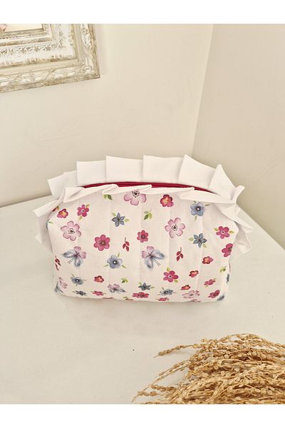 BABY KANGAROO Floral Makeup Bag – Large Size with White Ruffles, Quilted Cotton Travel Organizer