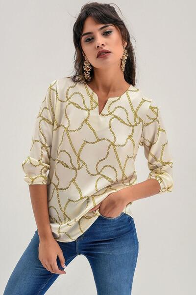 NEW LAVİVA Γυναικεία μπλούζα εκρού με λαιμόκοψη V με στάμπα με αλυσίδα, μανίκι τριών τετάρτων, κανονική εφαρμογή, κανονικό μήκος