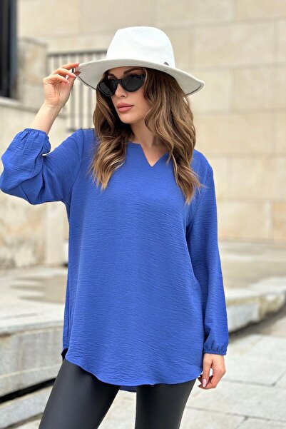 NEW LAVİVA Kadın İndigo Uzun Truvakar Kol, Öpücük Yaka, Basic Kesim Bluz - Te...