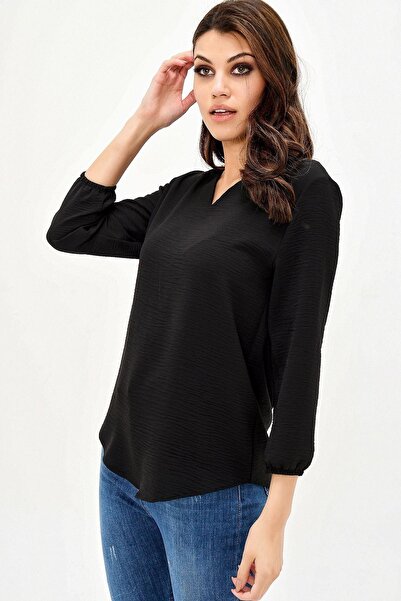 NEW LAVİVA Γυναικεία μπλούζα Airobin με μαύρο γιακά με σκίσιμο μανίκι τριών τετάρτων, ποιοτικό ύφασμα με υφή, κανονικό μέγεθος