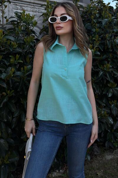 NEW LAVİVA Women's Turquoise Basic Cut, Half Placket, Zero Sleeve, Linen Blouse