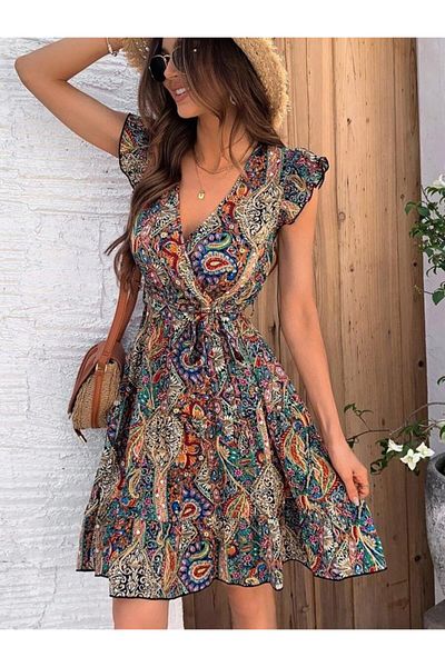 Viyamo Rochie de damă cu mâneci scurte fluture, cu guler dublu, din jerseu, sezon nou