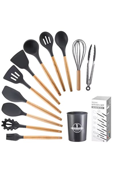 Ivosa Set of 12 Kitchen Utensils - Wooden and Premium Food-grade Silicone