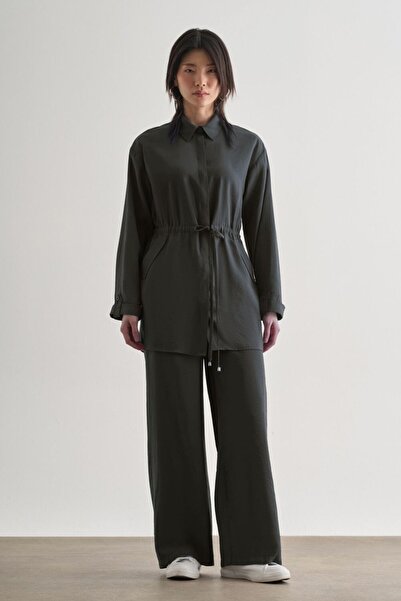 Mizalle Beli Ip Büzgülü Modal Gri Tunik