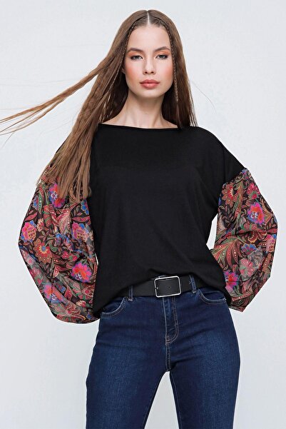 NEW LAVİVA Γυναικεία μπλούζα σιφόν με μοτίβο μαύρο κασμίρ με μακρύ σιφόν, διαφανές μανίκι, κανονική κοπή