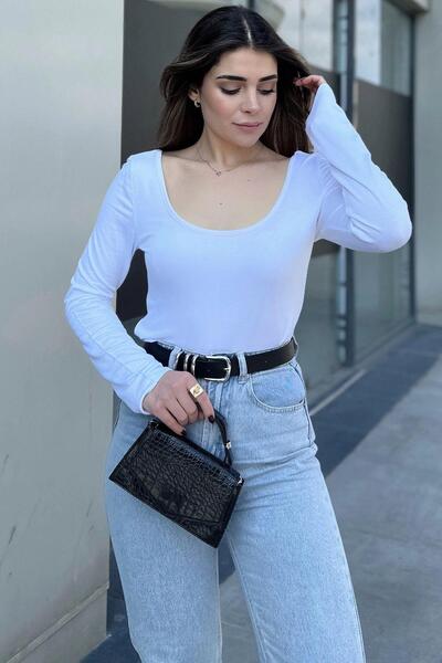 NEW LAVİVA Women's White Front and Back Deep Low-cut Collar, Regular Cut, Anti-Sweat, Cotton Combed Blouse