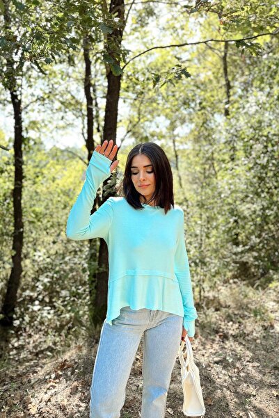 NEW LAVİVA Women's Mint Hands with Gloves Detail, Asymmetric Cut, Crew Neck, Skirt Pleated, Loose Sports Blouse