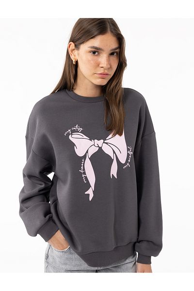 Koton Long Sleeve Crew Neck Hooded Bow Printed Sweatshirt