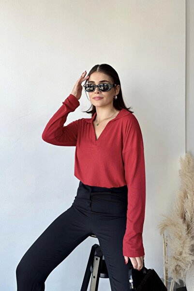 NEW LAVİVA Women's Red Polo Neck Basic Blouse, Long Sleeve, Regular Fit, Casual and Sports Sweatshirt