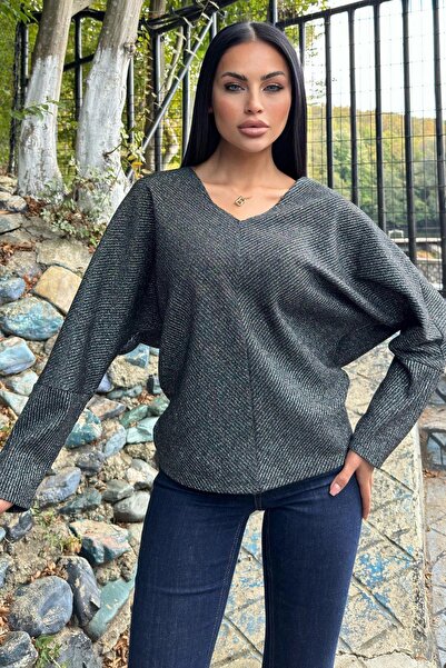 NEW LAVİVA Μαύρο με Γκλίτερ, Μανίκι Νυχτερίδας, V Λαιμόκοψη, Πλεχτό Πουλόβερ