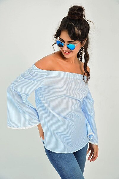 NEW LAVİVA Bluză de damă albastră cu mânecă lungă, fără bretele, cu mâneci spaniole, cu dungi, croială obișnuită, mărime standard