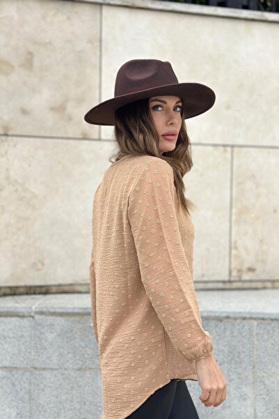 NEW LAVİVA Γυναικείο Camel μακρύ μανίκι τριών τετάρτων, γιακάς φιλιού, μπλούζα βασικής κοπής από ύφασμα Pompom - Κατάλληλο για Hijab