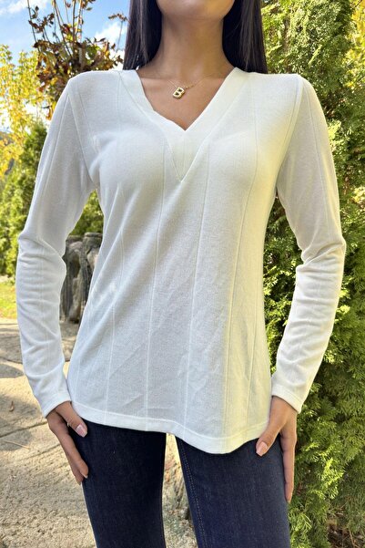 NEW LAVİVA White V-Neck, Long Sleeve, Knitwear Blouse