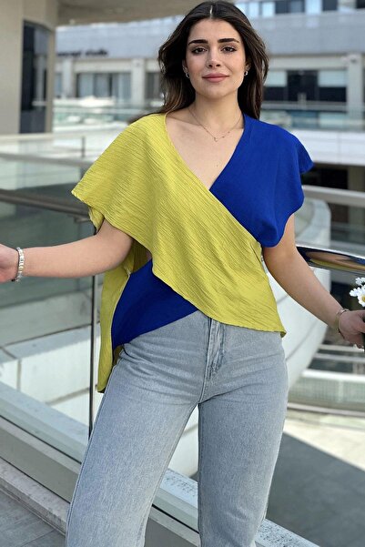 NEW LAVİVA Kadın Sarı & Saks İki Renkli, Derin V Yaka, Kolsuz, Çapraz Bloklu,...
