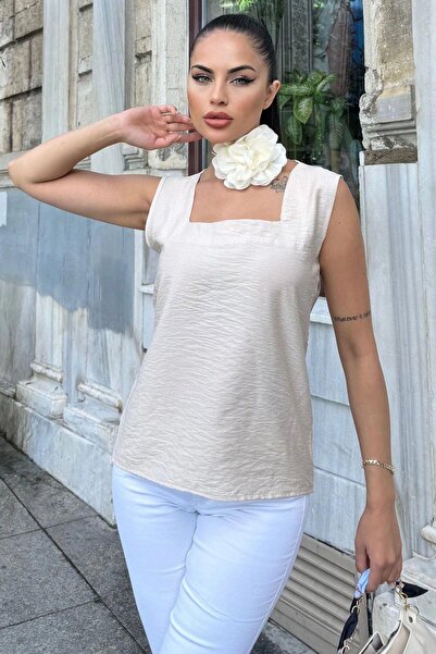 NEW LAVİVA Women's Beige Thick Sling, Square Neck, Loose Linen Blouse