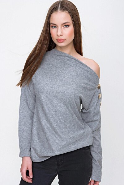 NEW LAVİVA Γυναικεία γκρι λαιμόκοψη με μακρύ μανίκι ώμου με λεπτομέρεια με κουμπιά Regular Cut Standard Oversize Μπλούζα