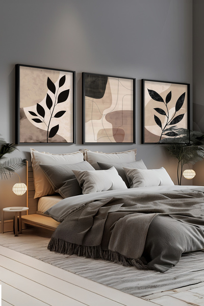 STARYUNA Bejli siyahlı modern boho tablo, Siyah ahşap çerçeveli 3'lü boho tab...