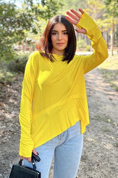 NEW LAVİVA Kadın Sarı Elleri Eldiven Detaylı, Asimetrik Kesim, Bisiklet Yaka,...