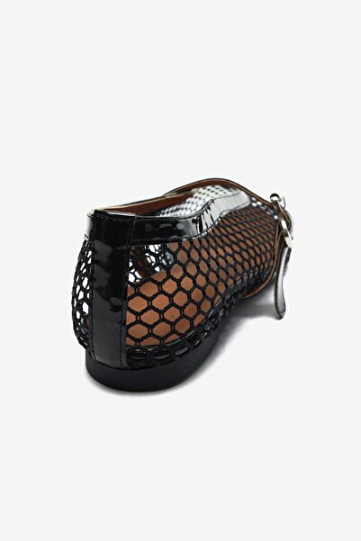 Seniorah Black Patent Leather Mesh Detailed Strappy Women's Ballerinas