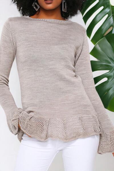 NEW LAVİVA Mink Round Neck, Ruffle Sleeve and Hem Detail, Knitwear Blouse