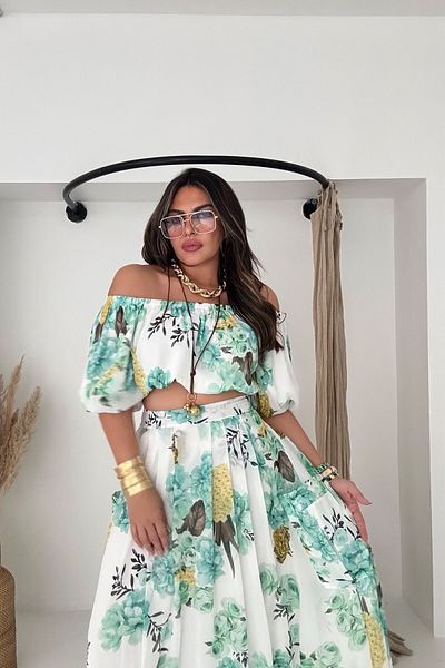 Sohotique By P Chiffon Madonna Collar Crop Skirt Suit Water Green