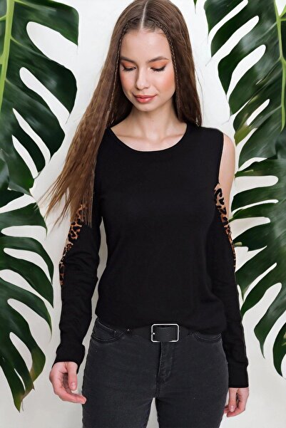 NEW LAVİVA Жіноча чорна блузка з круглим коміром, довгими рукавами, леопардов...