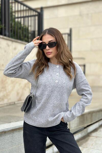 NEW LAVİVA Women's Gray Soft Texture Buttoned Knitwear Sweater, Long Sleeve, Regular Cut, Standard Size
