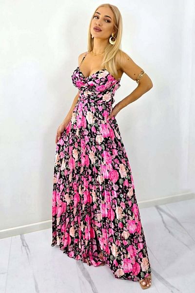 FashionForYou Rochie lungă plisată NYSA, cupe căptușite și legături la spate, Negru-Roz, Mărime S/M