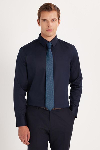 Tudors Men's Slim Fit Premium Lycra Cotton Satin Navy Blue Shirt