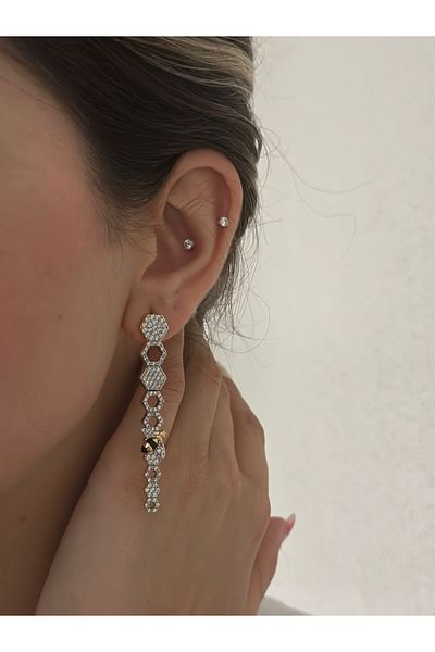 MyladyAccessoriess Zircon Stone and Bee Detail Honeycomb Earrings (Steel)