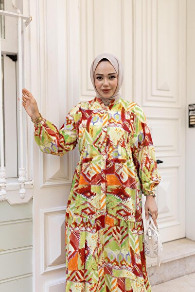 Hb Harma Time Butik Γυναικείο φόρεμα με μοτίβο βισκόζης με κουμπιά χακί