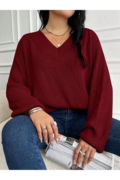 MARLİNG V-Neck Cotton Plus Size Sweater