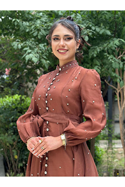 butikbanum Kahverengi Taşlı Model Özel Seri İthal Elbise