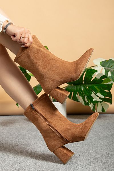 bakacstore Women's Pointed Toe Medium Heeled Boots Brown Suede