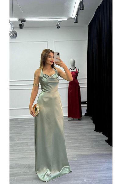 Daves Satin Long Dress with Back Detail-Water Green