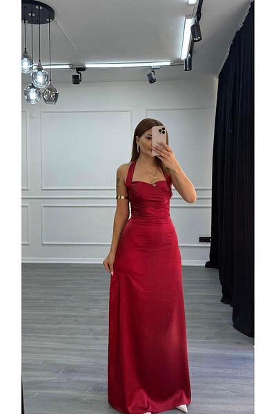 Daves Satin Long Dress with Back Detail-Burgundy