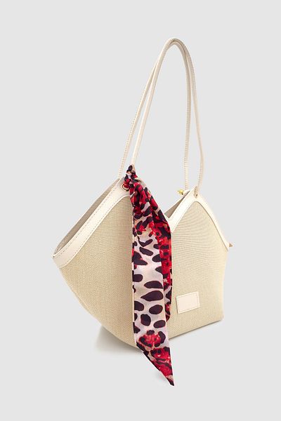 Wuclo Omric Scarf Detailed Linen Shoulder, Arm and Hand Bag Cream