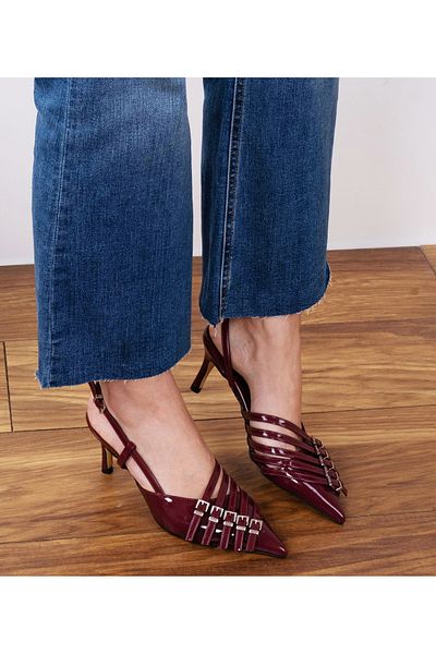 Afilli Women's Burgundy Patent Leather Shiny Five Belt Buckle Pointed Toe Open Short Comfortable Stiletto Heels Shoes