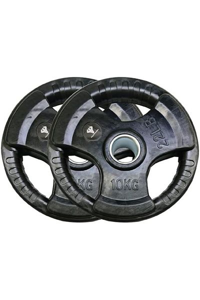 YALLA HomeGym 10KG Pair of Olympic Tri Grip Weight Plates, Solid Cast Iron Rubber Coated Plates