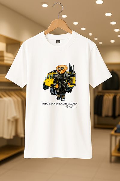 FEEL STYLE Bear Ralph Car Oversize Unisex 100% Cotton Breathable Thick Fabric T-Shirt