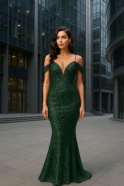 SELİN MODA EVİ Trend Band Sleeve Velvet Fish Dress Emerald 583198