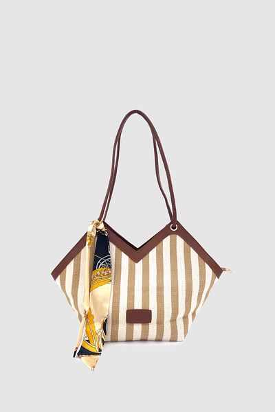 Wuclo Omric Scarf Detailed Linen Shoulder, Arm and Hand Bag Cream Tan