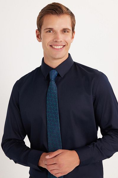 Tudors Men's Slim Fit Premium Lycra Cotton Satin Navy Blue Shirt