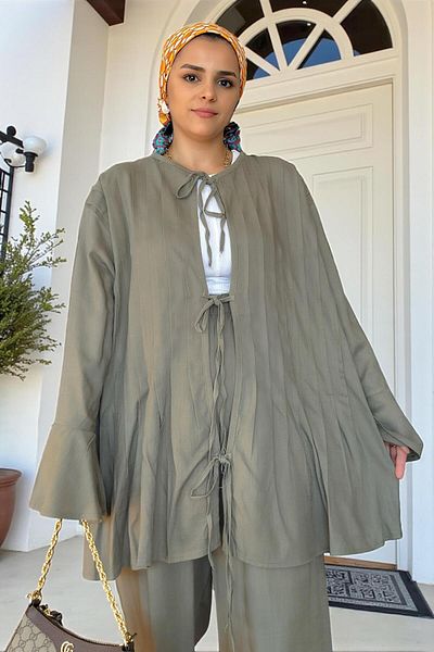 Aselim Hijap Moda Comfortable Raw Linen Double Suit - Pleated Wide Sleeve Tunic Suit Green