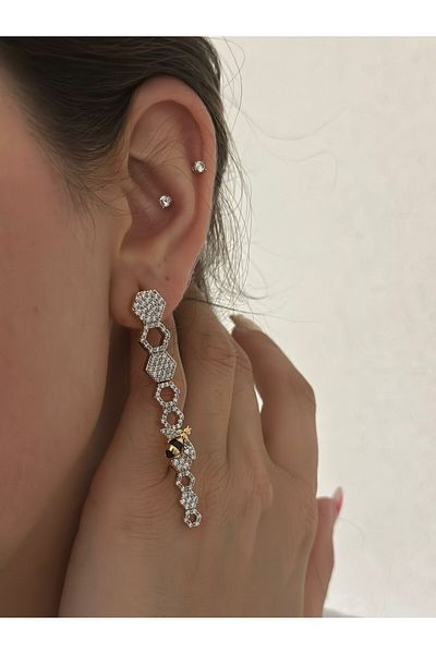 MyladyAccessoriess Zircon Stone and Bee Detail Honeycomb Earrings (Steel)